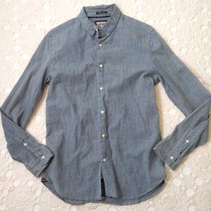 Superdry Button Up Shirt Slim Fit Indigo Blue Chambray Stretch Denim Medium Men